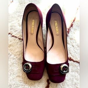 Prada Women's Suede Burgundy Heels Pumps Shoes